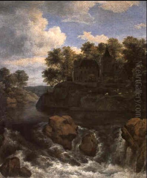 A River Landscape With A Waterfall And A Castle On A Cliff Oil Painting by Jacob Van Ruisdael