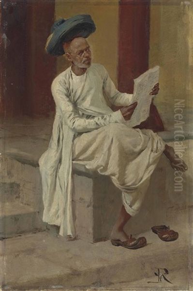 An Indian Man Reading The Newspaper In The Bazaar, Bombay Oil Painting by Horace Van Ruith