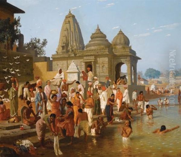 Worshipers At The Trimbakeshwar Temple In The Town Of Trimbak, In The Nasik District Of Maharashtra Dedicated To Lord Shiva Oil Painting by Horace Van Ruith