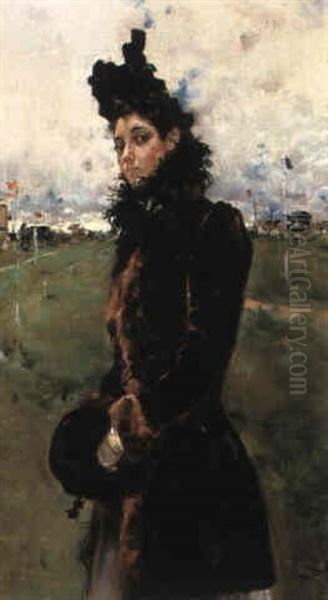 An Elegant Lady At The Races Oil Painting by Manuel Ruiz Guerrero