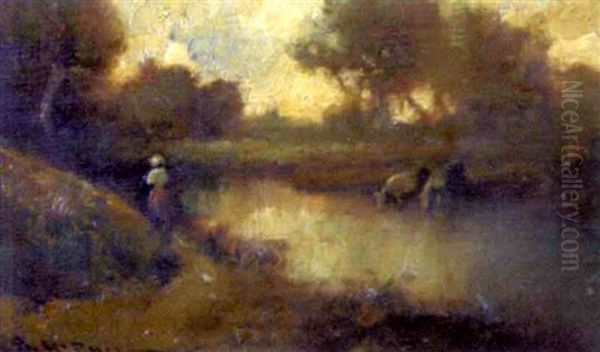 Barbizon Style Landscape Oil Painting by B. Yamero Ruiz