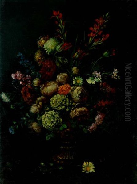 A Bouquet Of Summer Flowers In An Urn Oil Painting by B. Yamero Ruiz