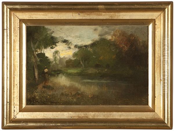 Figure Walking Along A River Bank Oil Painting by Benigino Yamero Ruiz