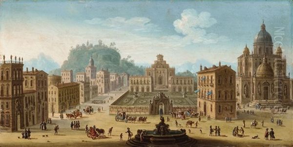 A Fanciful Palace With A Fountain, Church And Figures Oil Painting by Juan Salvador Ruiz