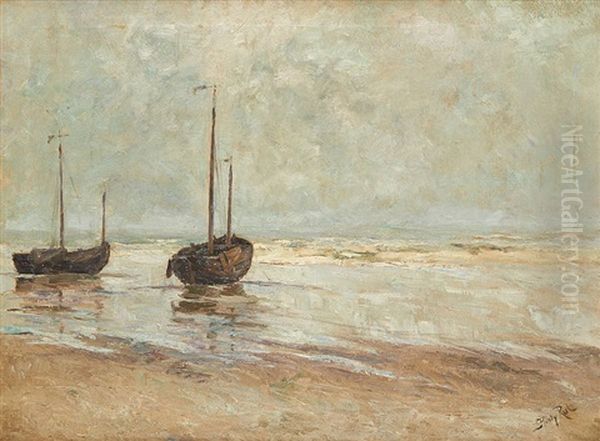 Barques De Peche A Maree Basse Oil Painting by Henry Pieter Edward Rul