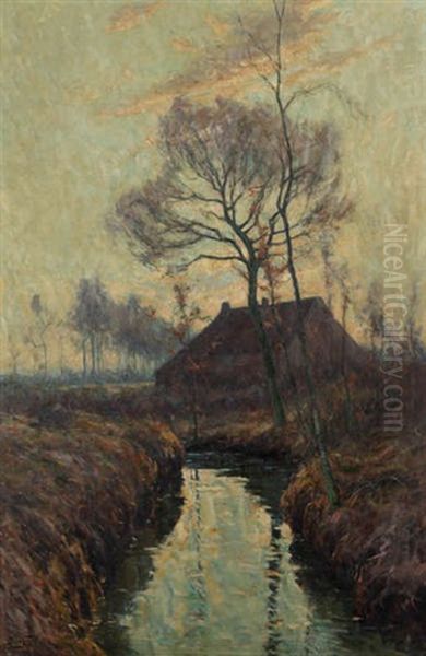 Paysage A La Ferme Pres D'un Ruisseau Oil Painting by Henry Pieter Edward Rul