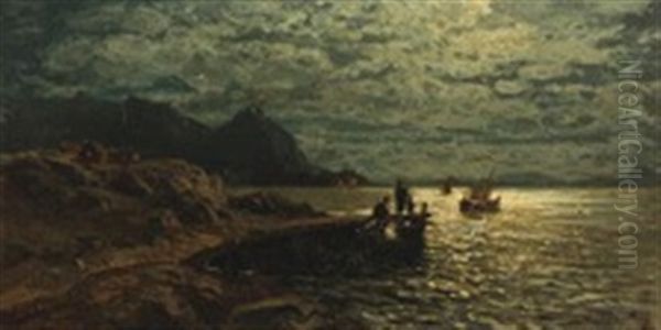 Coastal Scenery With Boats In Moonlight, Presumably From Norway Oil Painting by Christian Rummelhoff