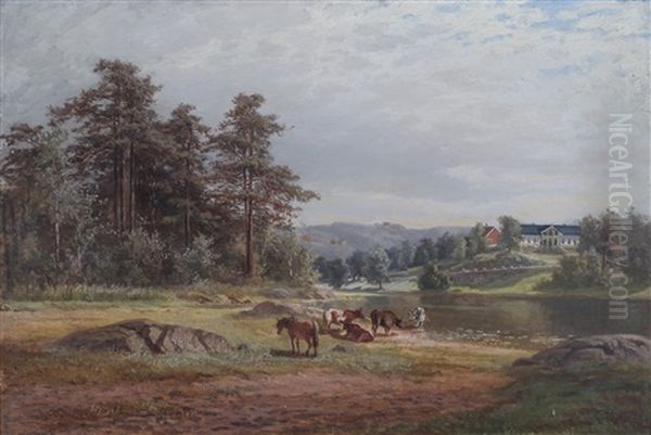 Landskap Med Kuer Oil Painting by Christian Rummelhoff