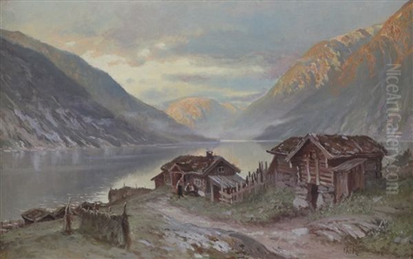 Fjordlandskap Med Gardsbruk Oil Painting by Christian Rummelhoff