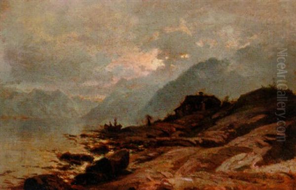 Figures Near The Rocky Shore Of A Fjord Oil Painting by Christian Rummelhoff