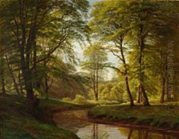 Forest Scene With A Stream Oil Painting by Gotfred Christian Rump