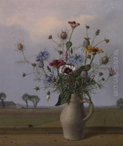 Flower Still Life In Front Of A Landscape Oil Painting by Herbert Bottger