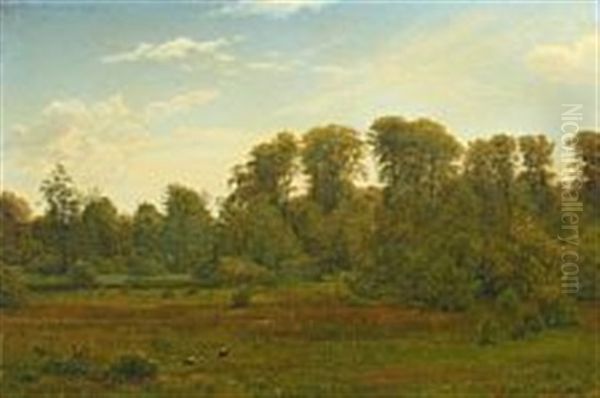 Meadow Landscape With Storks Oil Painting by Gotfred Christian Rump