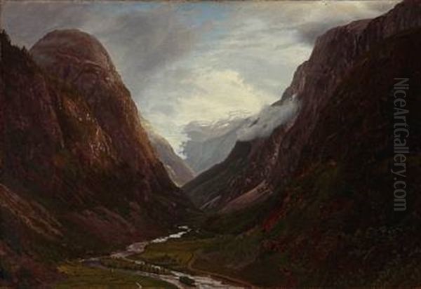 View From Naerodalen In Norway Oil Painting by Gotfred Christian Rump