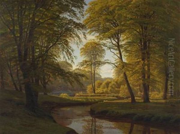 Forrest Scenery With Small Stream Oil Painting by Gotfred Christian Rump