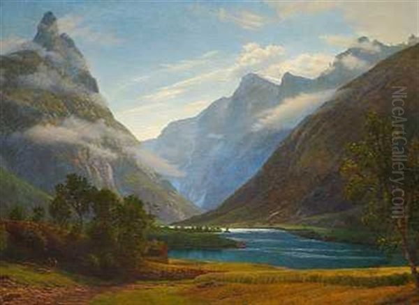 Norsk Bjerglandskab Med Fjelde Oil Painting by Gotfred Christian Rump