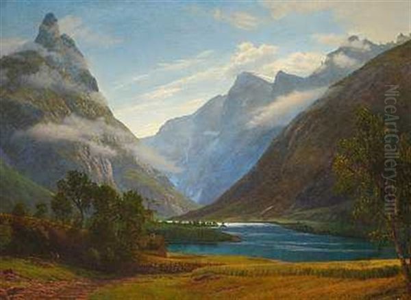 Norsk Bjerglandskab Med Fjelde Oil Painting by Gotfred Christian Rump