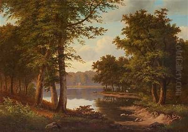 Skovso Med Hjorte Der Graesser Langs Bredden Oil Painting by Gotfred Christian Rump