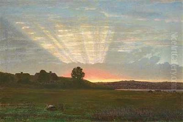 Engparti I Naerheden Af Mariager Ved Solnedgang Oil Painting by Gotfred Christian Rump