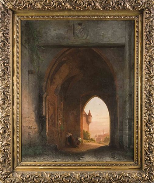 Frau Beim Gebet Unter Einer Marienstatue In Einem Torbogen Mit Blick Auf Eine Stadt Oil Painting by Friedrich Carl Georg (Fritz) Rumpf