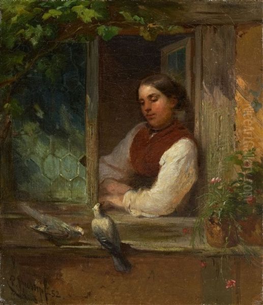 Christine Rumpf Am Fenster Mit Zwei Tauben Oil Painting by Philipp Rumpf