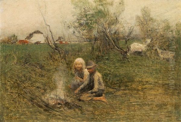 The Little Shepherds At A Camp Fire Oil Painting by Franz Rumpler