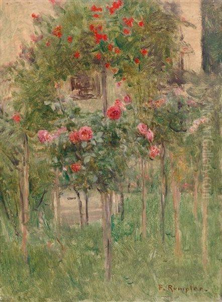 Hollyhocks By A Window Oil Painting by Franz Rumpler