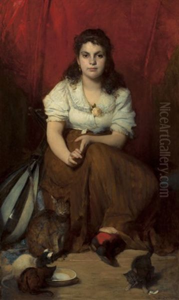 Portrait Of A Young Girl With A Mandolin And Cats Oil Painting by Franz Rumpler