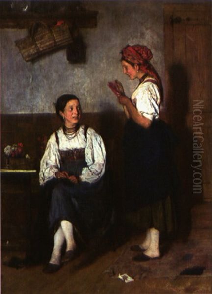 Zwei Bauernmadchen Lesen Einen Brief Oil Painting by Franz Rumpler