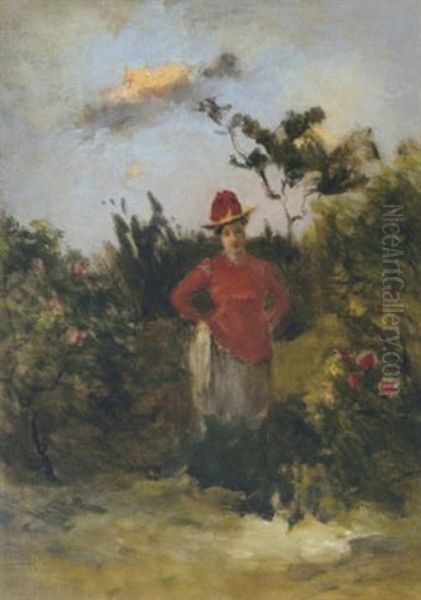 Dame In Rot Mit Rosen Oil Painting by Franz Rumpler