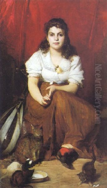 Portrait Of A Young Girl With A Mandolin And Cats Oil Painting by Franz Rumpler