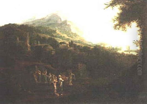 Clasical Landscape With Figures Bearing Offerings Oil Painting by Alexander Runciman