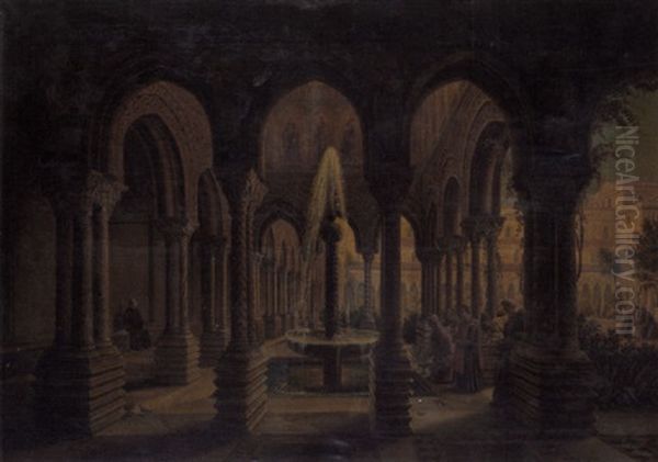 The Cloister Garden Of Monreale Near Palermo Oil Painting by Carl Ludwig Rundt