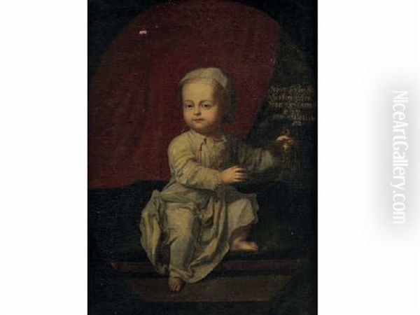 Portrait De Johann Comte Von Globen, A L'age De 6 Mois Et 11 Jours Le 7 Aout Tenant Un Oiseau Oil Painting by Hans Hinrich Rundt