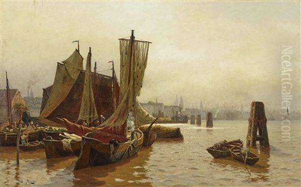 Harbour Scene (hamburg?) Oil Painting by Julius Friedrich Ludwig Runge