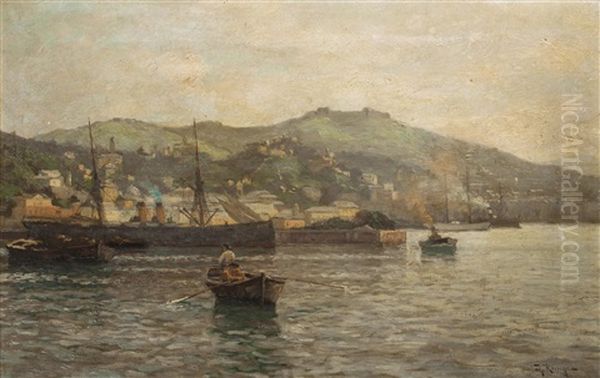 View Of Genoa Harbor Oil Painting by Julius Friedrich Ludwig Runge