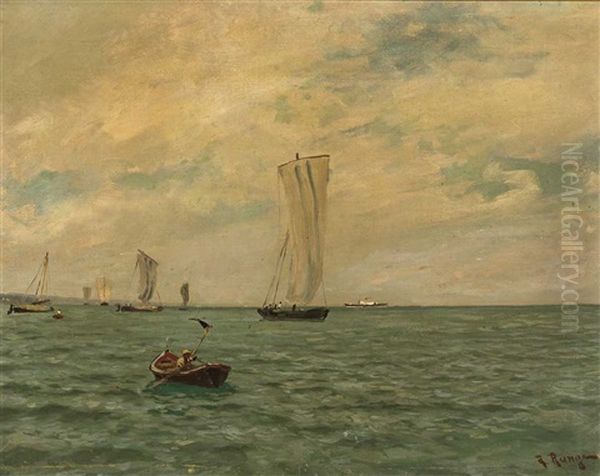 Vor Tiefem Horizont Befahren Verschiedene Segelschiffe, Ein Fischerboot Und Ein Luxusdampfer Das Ruhige Meer Oil Painting by Julius Friedrich Ludwig Runge