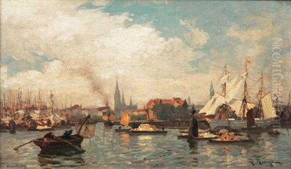 Port Of Hamburg With Tallship Oil Painting by Julius Friedrich Ludwig Runge