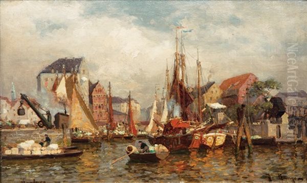 Boats In A Harbour Oil Painting by Julius Friedrich Ludwig Runge