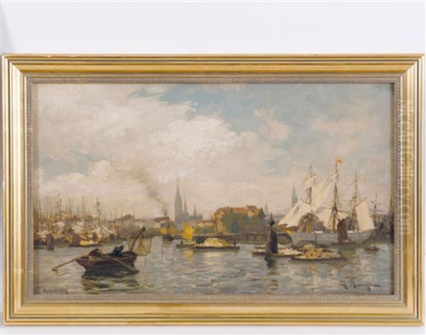 Blick Vom Hamburger Hafen In Die Nord-ost-achse Mit Nikolaikirche Im Hintergrund Oil Painting by Julius Friedrich Ludwig Runge