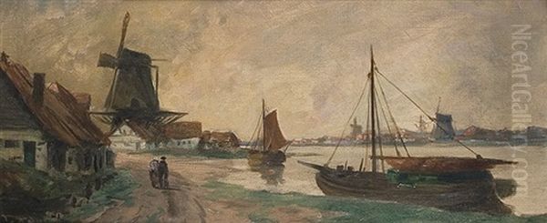 Fisher Harbor In Friesland Oil Painting by Julius Friedrich Ludwig Runge