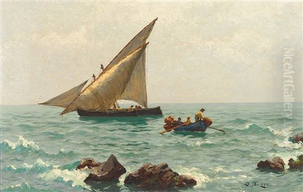 Morgenstimmung An Der Adria Mit Fischerbooten Und Langustenfischern Oil Painting by Julius Friedrich Ludwig Runge