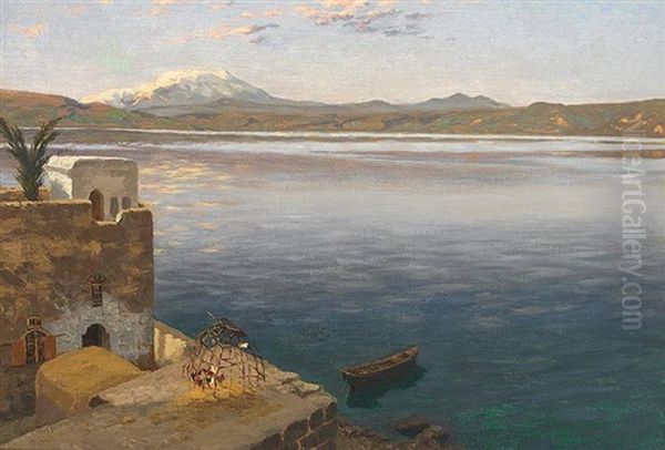 Blick Von Einer Terrasse Auf Den See Genezareth Mit Hermon-gebirge Oil Painting by Julius Friedrich Ludwig Runge