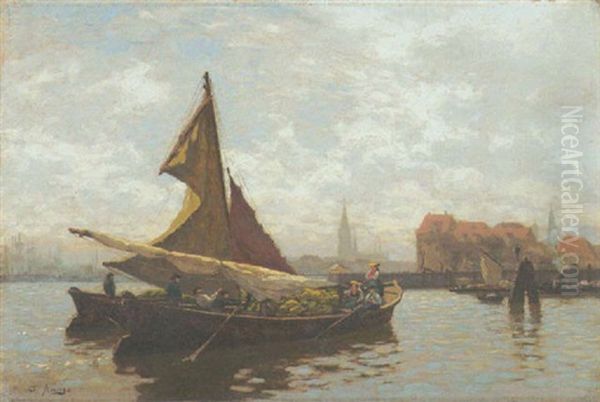 Gemusekahne Im Flensburger Hafen Oil Painting by Julius Friedrich Ludwig Runge