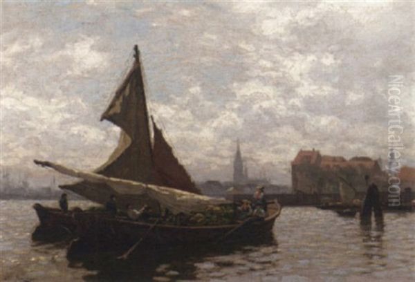 Segelboote Bei Der Einfahrt In Einen Hollandischen Hafen Oil Painting by Julius Friedrich Ludwig Runge