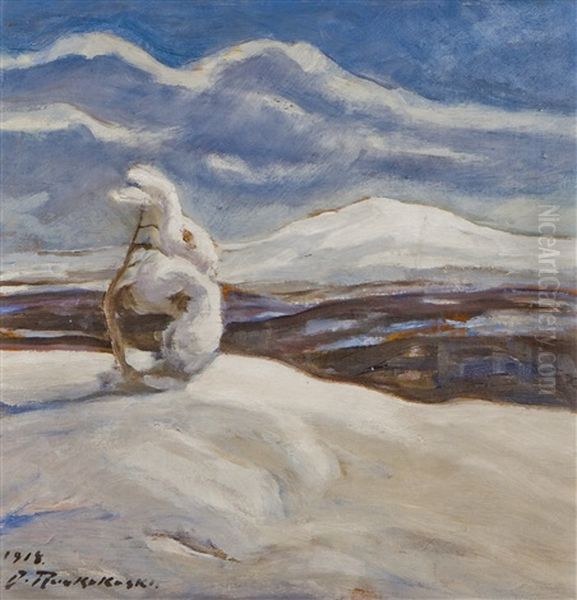 Wintry Landscape Oil Painting by Jalmari Ruokokoski