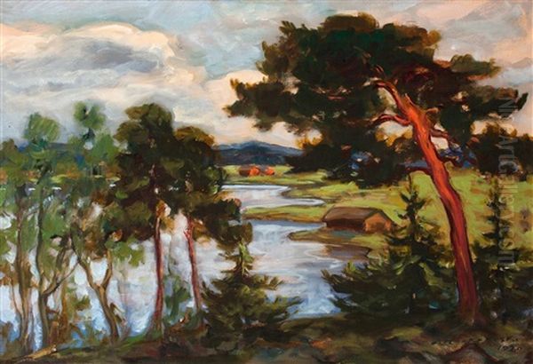 Landscape With Pine Trees Oil Painting by Jalmari Ruokokoski