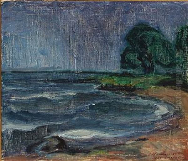 Coastal Scene From Helsingor, Denmark With An Upcoming Storm Oil Painting by Jalmari Ruokokoski