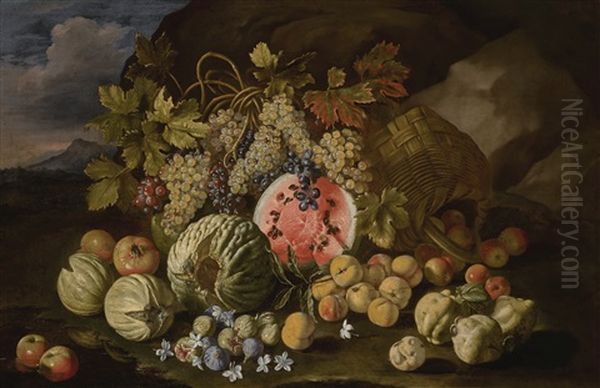 Watermelon, Melon, Grapes, Apples, Pomegranates, Peaches, Figs And Quinces In A Landscape Oil Painting by Giovanni Battista Ruoppolo