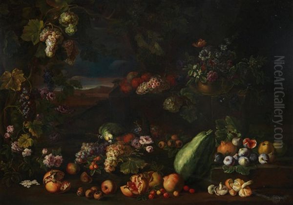 Pomegranates, Figs, Grapes And Other Fruit On A Forest Floor Oil Painting by Giovanni Battista Ruoppolo